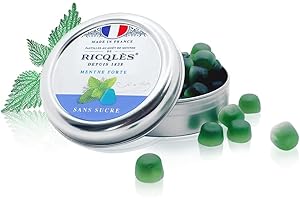 RICQLÈS RICQLES-PASTILLES MENTHE SANS SUCRES- Haleine Fraîche, Mal des transports-Goût menthe forte -NOUVELLE FORMULE-Boîte en métal de 45g