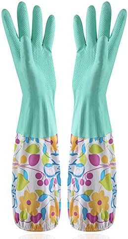 Cleaing Gloves Long Sleeve Waterproof Protective Washing Dishes Washing Housework Gloves Rubber Household Home Kitchen Gardening Washing Household Gloves Plus Velvet Thick Warm Latex Gloves (Green)