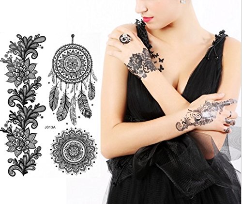 3 Bögen Henna TATTOO SCHWARZ Black B Fake Flash Tattoo Aufkleber Traumfänger und Henna Motive - 9