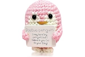 MGKEOUF Mini Funny Positive Knitted Penguin Crochet Doll, Soft Knitted Penguin Plush Toy with Positive Card Emotional Support Doll Potato Crochet Gift for Family Friends Home Decor (Pink)