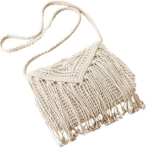 Womens Cross-body bag, Girl's Cotton Fringed Crochet Tassel Bohemian Beach Shoulder Bag Pouch