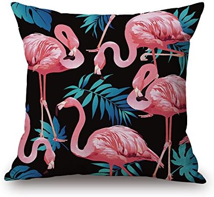 MaxG Home Decor Cotton Linen Summer Tropical Pink Flamingoes Birds Palm Leaves Flowers Plants Square Throw Pillow Cases Cushion Covers For Sofa Bed 18X18 inches