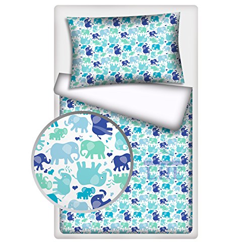 LHE 2 Piece Baby Bedding TODDLER BED Duvet Set Super Soft 100% COTTON Oeko-Tex tested GREY PINK YELLOW GREEN (12- BLUE ELEPHANTS)