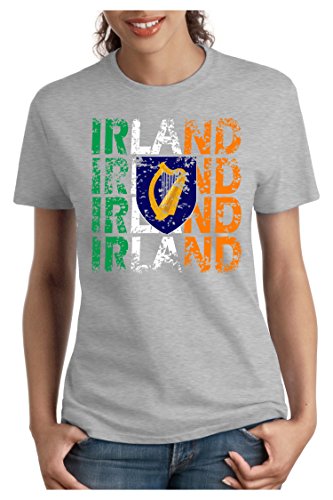 OM3® – Irland – Damen T-Shirt – Ireland Fussball World Cup Soccer Fanshirt Sport Trikot, XXL, Grau Meliert