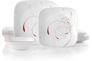Corelle 18-piece Dinner Set, Splendor, Red and White Service for 6, Chip Resistant Dinnerware, includes 26cm square dinner plates, 17cm square salad / side plates and 530ml square soup / cereal bowls