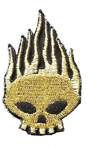 Flaming Skull Head (Black/Gold) Iron on Sew on Embroidered Badge Applique Motif Patch From PatchWOW