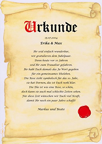 Rosenhochzeit Urkunde persönliche Geschenk Karte zum 10. Hochzeitstag Pergament div. A4 Papier Motive - 3