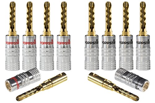 Poppstar 10x High End Hohl Bananenstecker, Bananas für Lautsprecherkabel (bis 6mm²), Lautsprecher, Receiver, 24k vergoldete Kontakte (5X schwarz, 5X rot)