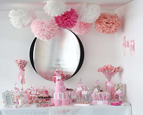 Fanaticism 30 Stück Seidenpapier Pompons Hochzeit Party Deko, weiß rosa crème – 10x Ø20, 10x Ø25, 10x Ø30 cm - 4