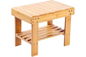 ‎UTOPLIKE Utoplike Bambusowy stołek, drewniane niskie siedzisko, przenośny podnóżek z półką do przechowywania, małe krzesło do kuchni, łazienki, sypialni, lekkie i antypoślizgowe