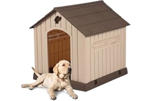 acquaverde | Cuccia per Cani da Esterno, Taglia Grande/Large Casetta per Cani in Resina, Impermeabile, Resistente, Base Isolante e Tetto Spiovente, Facile da Montare - Beige/Marrone | cm. 93x99x98