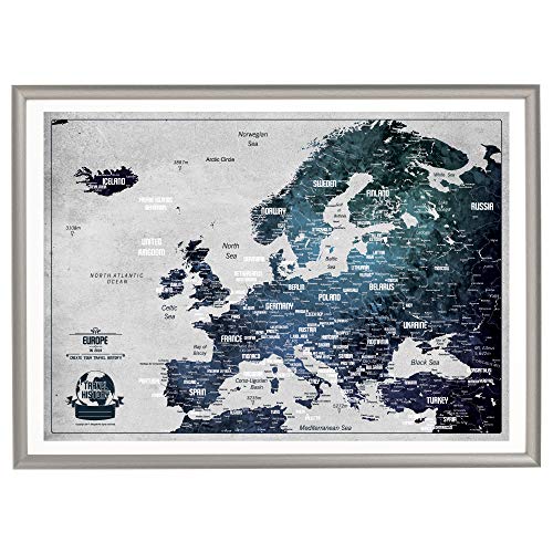 2Maps Push Pin Carte de Voyage + BONUS 100 Push Pins Carte de Voyage Europe avec Cadre Cartes Personnalisées avec Couleurs Originales 53 x 73 cm