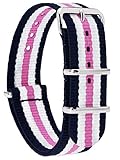 MOMENTO Damen Herren NATO Nylon Uhren-Armband Ersatz-Armband Uhren-Band mit Edelstahl-Schliesse in Silber und Nylon Uhr-Armband in Blau Weiss Rosa 22mm