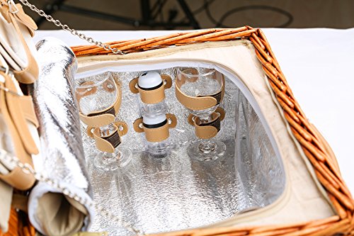 Cesta de mimbre de picnic para 4 personas, con forro color crema refrigerante