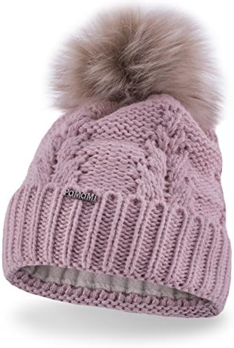 Slouch Beanie For Women | Ladies Pamami® 17527 | Warm Knitted Beanie Hat with Bobble innenfleece| Knitted Bobble Hat | Fur Bobble Beanie for Winter Soft Winter Hat | Choice of Colour, pink