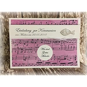 Einladung Einladungskarte Kommunion Konfirmation Musik Melodie Fisch silber flieder
