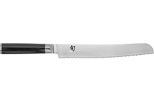 KAI Shun Classic Cuchillo japonés para pan con hoja de 23 cm - Cuchillo de Damasco de 32 capas con núcleo VG MAX - 61 (±1) HRC - Mango de madera de Pakka - Cuchillo de pan con filo ondulado forjado