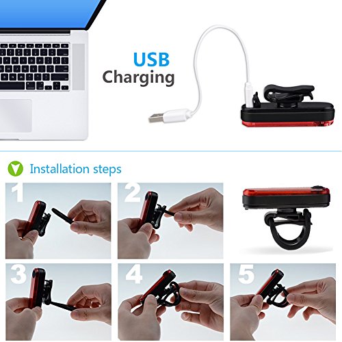 LOTOE® Premium Ultrahell Fahrrad Rücklicht mit USB aufladbare, Wasserdicht Ultra-Rot und Weiß helle 6 Modi in einem Rück LED Sicherheit Blitz Blitzen-Licht Kompatibel mit Bikes, Helme, Taschen - 5