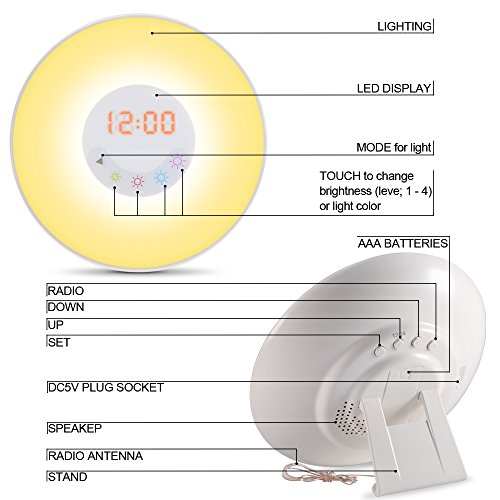 Wecker Lichtwecker Geschenk Wake Up Light Wecker mit Licht ,7 Wecktöne (6 Naturklänge und Radio), 7 Lichtfarben,10 Helligkeitstufen, Sonnenaufgangssimulator, Nachtlicht mit FM Radio, Geschenke für Kinder oder Erwachsene - 6