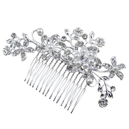 chinkyboo Silver Tone Elegent Flower Bridal Wedding Diamante Hair Comb Clip