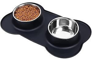 GNCPETS Comedero para Gatos y Perros pequeños de Acero Inoxidable con Base de Silicona Negra Antideslizante -2 Cuencos Comedero para Comida y Agua - Bebedero antisalpicaduras Perro.