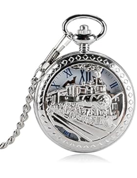 yisuya Steampunk Running Lokomotive Zug Carving Taschenuhr Mechanische Hand Wind Schlüsselanhänger Uhren Silber