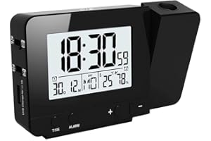 Queta Despertador Proyector, Reloj Despertador Digital con Pantalla LED Reloj de Proyección Digital con Termómetro Interior, Despertador Muestra Tiempo/Fecha/Temperatura/Humedad, Puerto USB (Negro)