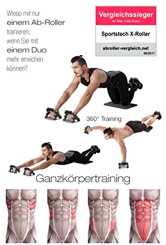 Sportstech einzigartiger 2in1 Bauchtrainer mit 360° Training & Liegestützgriffe, der X-Roller mit patentiertem Knieroller & Rollensystem, für ein intensives Ganzkörpertraining – inkl. Knieauflagematte - 2
