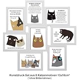 ABOUKI Kunstdrucke-Set - ungerahmt - aus 8 lustigen Katzenmotiven im Format 13x18 cm, Poster, Fine-Art-Print, Geschenk, Geschenkidee, Druck, Illustration, Bild mit Spruch, Statement, Typografie, Typo, Wandbild, Plakat, Zitate & Sprüche, Wanddekoration