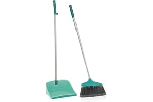 Leifheit Set de Escoba con Palo y recogedor Abierto, Escoba con cerdas bifurcadas y recogedor Plegable con Borde de Goma extralargo