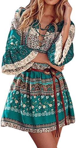 BA Zha Women Floral Print Butterfly Sleeve Boho Mini Dress Ladies Evening Party Dress V-Neck Sundress Vintage Summer Evening Dress Loose Sundress Holiday Vacation Casual Dress (S, Green)