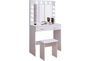 Jooli H White Dressing Table Set with Hollywood LED Lights Mirror, Vanity Makeup Table 2 Large Drawers and Stool