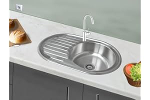 Omeere Fregadero de cocina de acero inoxidable 304 de 0,8 mm,Fregadero empotrado 1 seno 77 x 50 x 18cm,pequeña redondo (Escurridor a la izquierda)