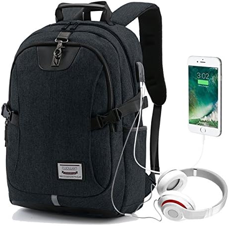 Laptop Backpack Men Women, Anti Theft 15.6 Inch Waterproof Tech Slim Laptop Rucksack with USB Charging and Earphone Port for Travel, Gaming, School, Business, College, Black by Double Elite