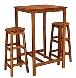 2x Barhocker 34x76,5cm DEGAMO Bar Set bestehend aus, 1x Bartisch 70x70cm, 2X Barhocker, Akazie