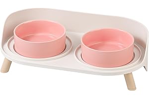 AHX Juego de cuencos de agua para comida para gatos, cuencos elevados para gatos con soporte antideslizante, cuencos elevados para cachorros para perros pequeños, cuencos dobles de cerámica para gatos
