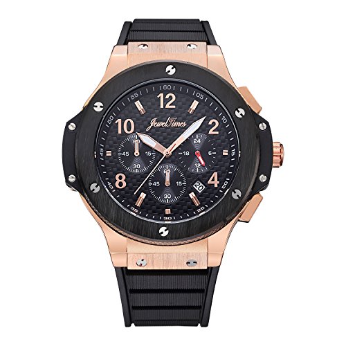 JewelTimes Hombre Reloj de pulsera Carbon Esfera Cronógrafo Cronómetro analógico de cuarzo Rosegold