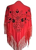  La Señorita Mantones bordados Flamenco Manton de Manila Rojo Negro Grande con flecos rojo