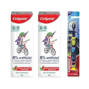 Colgate Toothpaste for Kids (6-9 years), Natural Strawberry Mint Flavour, 0% Artificial- 80g (Pack of 2) with Kids Batman Extra Soft Toothbrush (5+ yrs) - 1 Pc