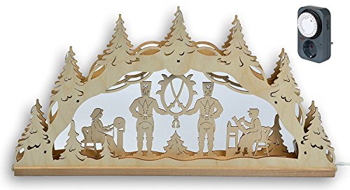 Preisvergleich Produktbild Schwibbogen 7flammig Bergleute traditionelles Schwarzenberger Motiv 54x29cm Lichterbogen aus dem Erzgebirge mit Tageszeitschaltuhr (SET)