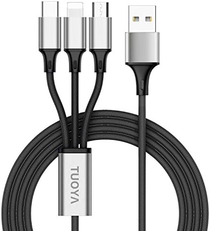 Multi USB Charger Cable, TUOYA 3 in 1 Multiple Charging Cable Cord Nylon Braided with Lighting Micro USB Type C Multi Charger Connector for Apple iPhone, iPad, Android Samsung Galaxy, Huawei, Motorola, Nokia, LG, Kindle, Echo Dot, 1.2m (Silver)