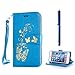 Produktbild KSHOP für HTC Desire 626G Case Cover Bookstyle Tasche Flip Case Brieftasche Handyhülle PU Ledertasche Blau mit Bronzing Drucken Schmetterling Ultra Slim Smart Ledertasche Flip Etui mit Standfunktion + Bleistift Touch Blau