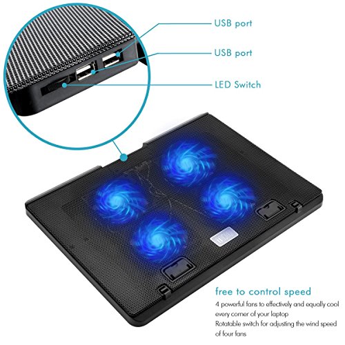 Tonor Laptop Kühler 12-17 Zoll Notebook Cooler Einstellbar Laptop Lüfter Cooling Pad mit 2 USB Port und 4 leise LED Lüfter Kühlpad Kühlmatte für Macbook Laptop Notebook Schwarz - 2