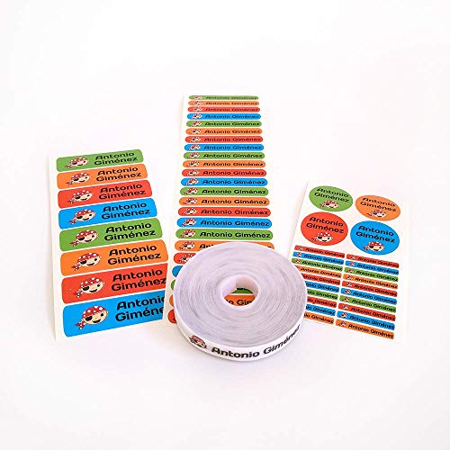 Pack 155 etiquetas personalizadas para [marcar ropa y objetos](https://www.bebesymas.com/otros/como-marcar-la-ropa-del-colegio-para-los-peques). 100 Etiquetas de tela termoadhesiva + 55 etiquetas adhesivas de vinilo. (Color 1)