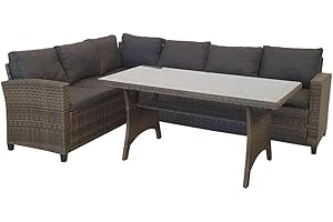 ‎KMH KMH Polyrattan Gartensitzgruppe Hannover Naturbraun - Große Lounge Gartenlounge inkl. Auflagen und Kissen - Moderne Gartenmöbel Polyrattan - Robuste Sitzgruppe Garten mit Ecksofa & Tisch