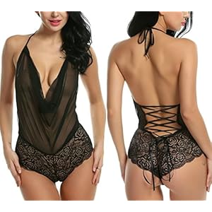 Avidlove Mujer Lencería Abierta Una Pieza Encaje Hueco Cordón Cuello V(Negro XL)