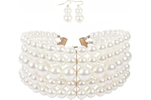 Borsgye Pearl Strand Choker Necklaces Pearl Statement Round Beads Necklace Bib Big Simulated Pearl Women's Faux Pearl Choker 20s Flapper for Brides Wedding Anniversary with Earrings - 6800