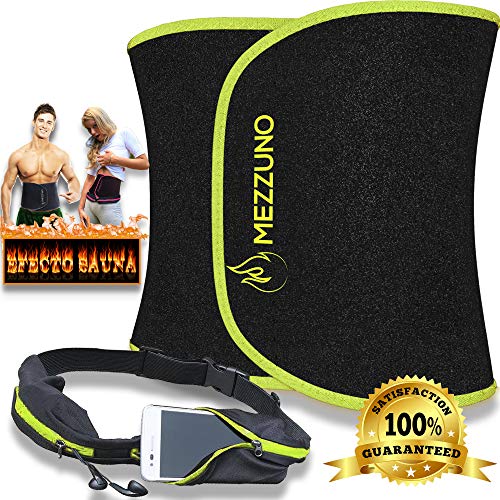 Faja Reductora Mujer y Hombre de Neopreno, Fajas Reductoras Adelgazantes, Cinturón Lumbar Abdominal para Sudar y Adelgazar, Incluye Riñonera Deportiva Running | by Mezzuno (Verde/Negro, L/XL) 