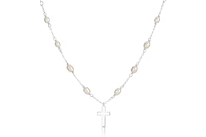 Molly Brown London Sterling Silver Rosary Style Freshwater Pearl Cross Communion Cross Necklace. Ideal for Christening, Holy Communion Gifts for Girls, Flower Girl and Bridesmaids Gifts