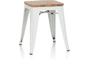 hjh OFFICE 645042 metalowy taboret VANTAGGIO W biały/drewniany taboret do siedzenia w stylu industrialnym z drewnianym siedziskiem, można układać w stos, niski
